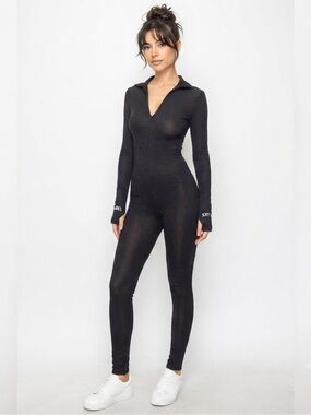 Lucky Label-Zipper High Neck Bodycon Jumpsuit Outfit Long Sleeve